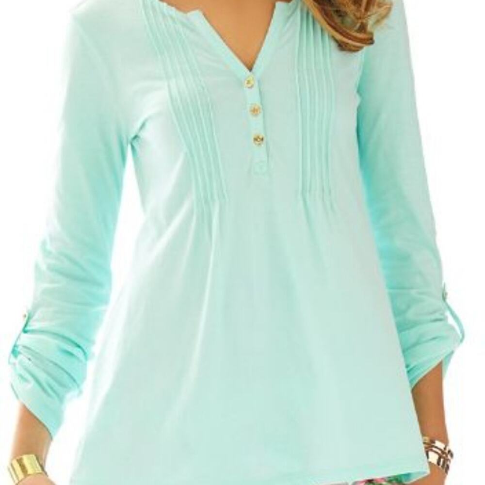 Lilly Pulitizer Top Tunic Blue Green Size XSmall Pima Dorothy Tuxedo Pleat